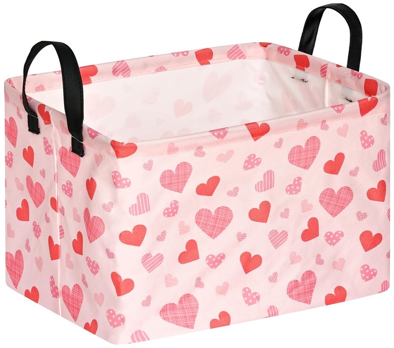 FUULOXE Rectangular Valentines Basket Storage Bin for Shelves Girls Gifts Baskets Foldable Box with Handles for Home Office Car Dormroom Valentine's Day Party Supplies - Image 1